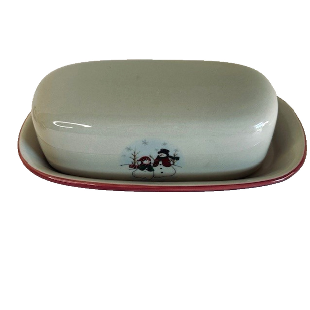 Royal Seasons RN3 Stoneware 1/4 Lb Covered Butter, Snowmen W/Scarfs, Hats/Vest